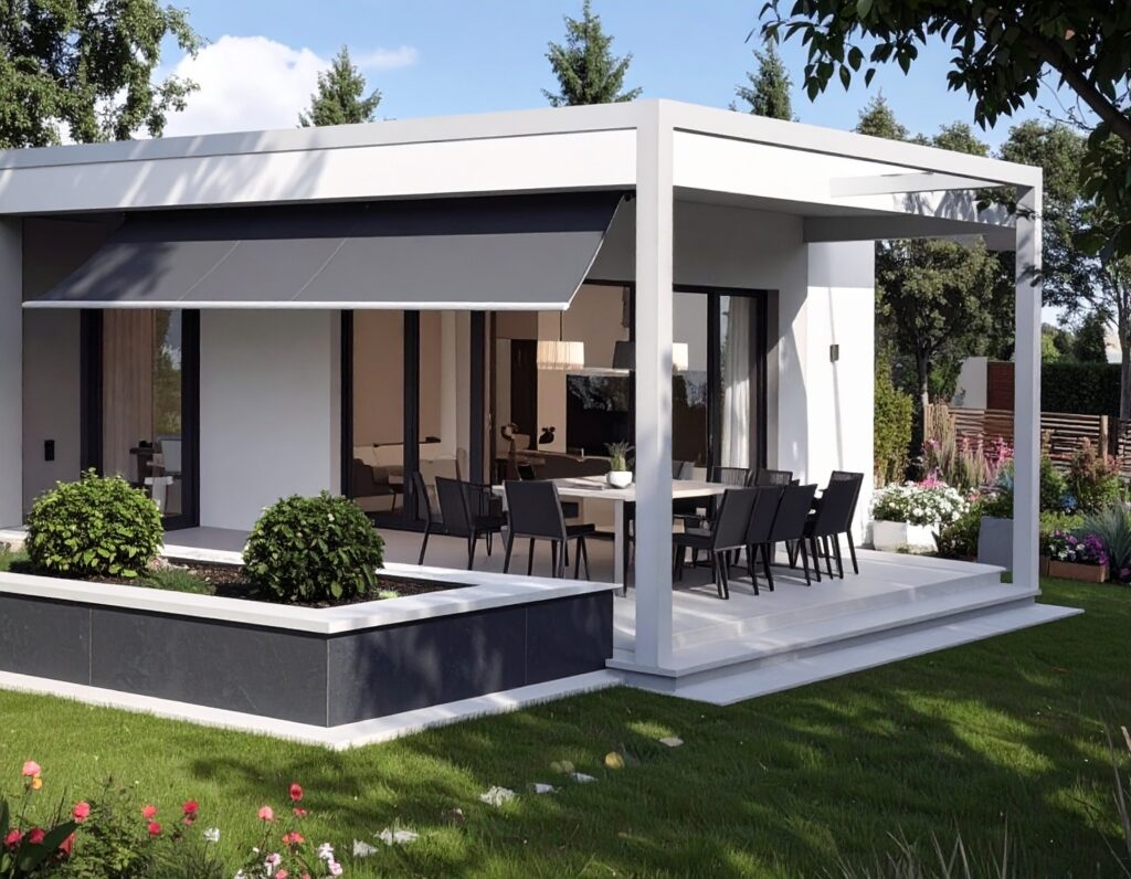 Moderne Terrasse mit schwarzem Essplatz unter eleganten Markisen, angebaut an ein weißes Haus, umgeben von grünem Rasen und angelegtem Garten. - Firmenadresse