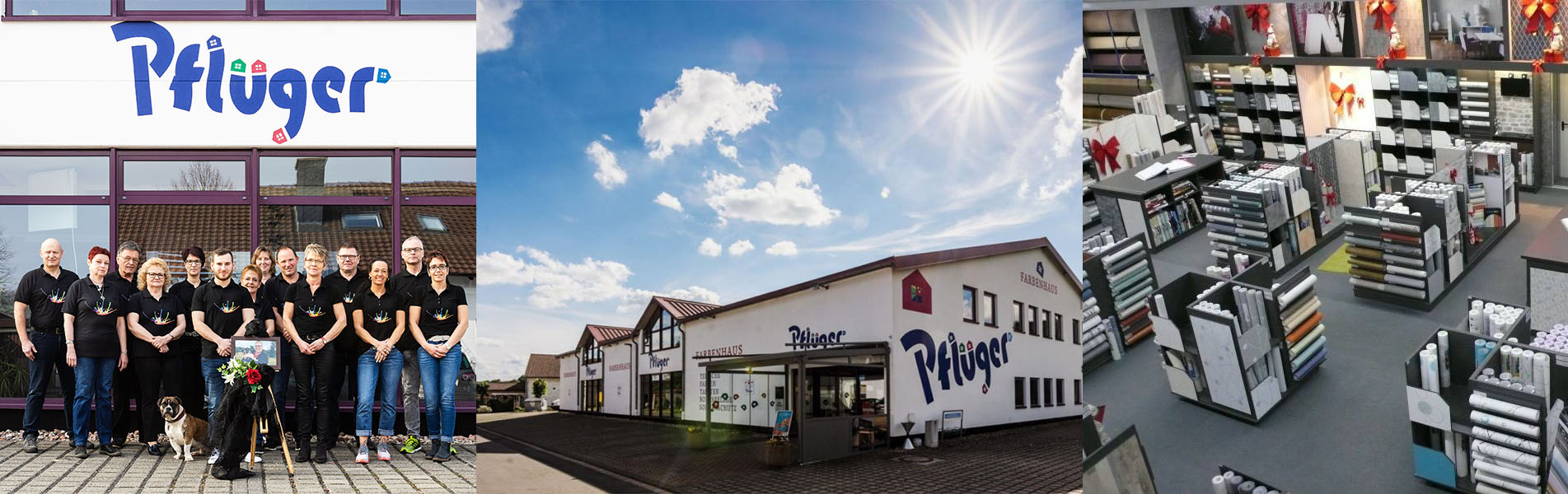 Drei Fotos: Team vom Farbenhaus Pflüger posiert vor dem Pflüger Fachmarkts und einer Innenasicht des Ladens mit Regalen und ProduktenEinblicke in unsere Geschichte auf der Seite „Über uns“. - Firmenadresse